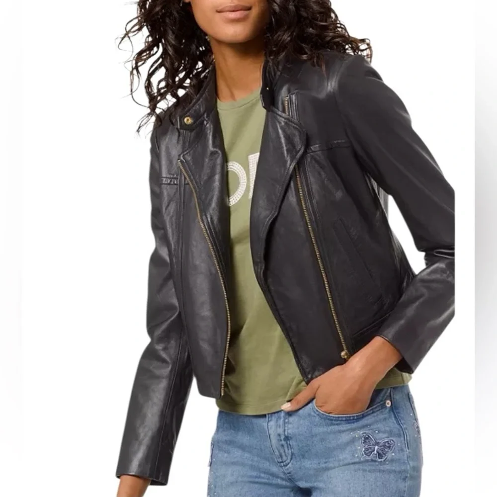 Michael Kors Black Leather Lambskin Moto Biker Jacket Gold Women’s M - Picture 7 of 15